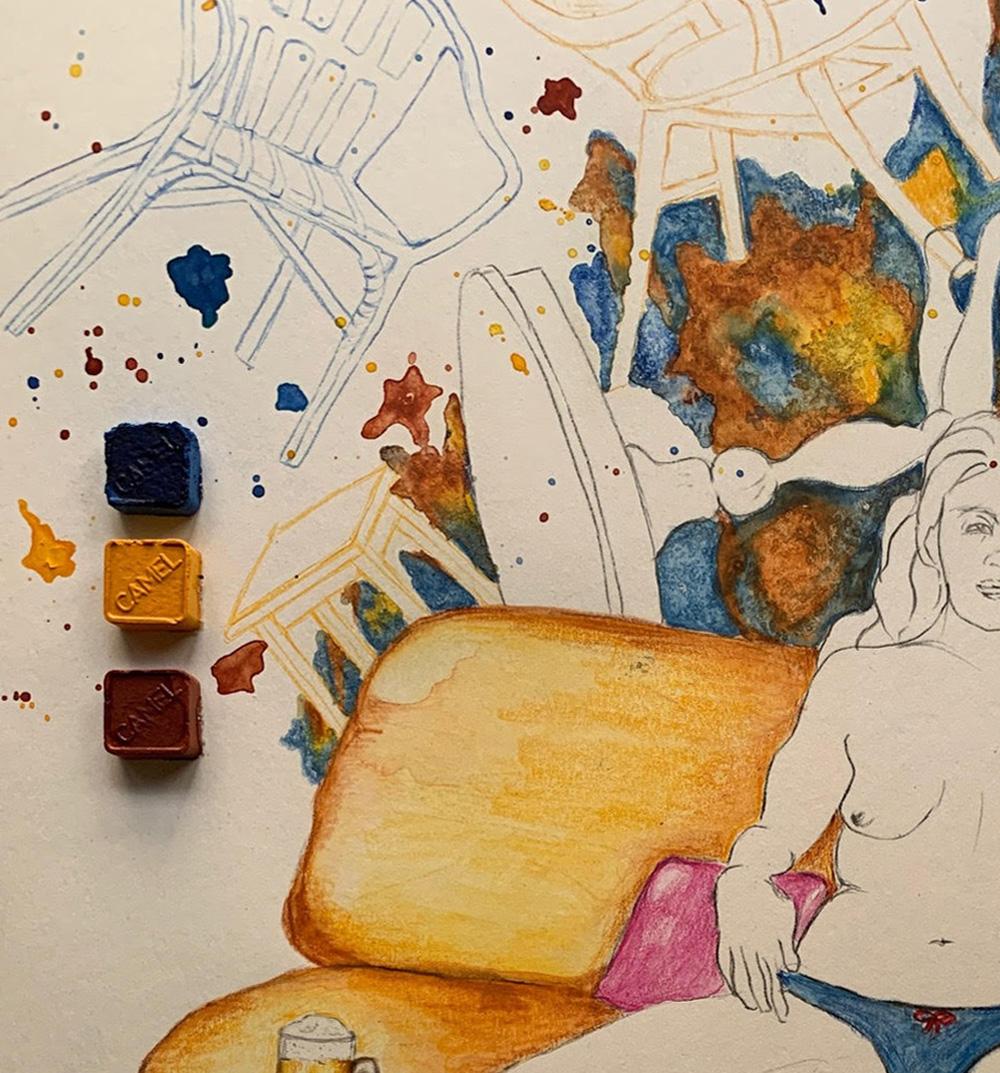 Bring it on and Dog and The Bone Diptych. Drawings From the covid diaries series - Beige Figurative Art by Megha Joshi