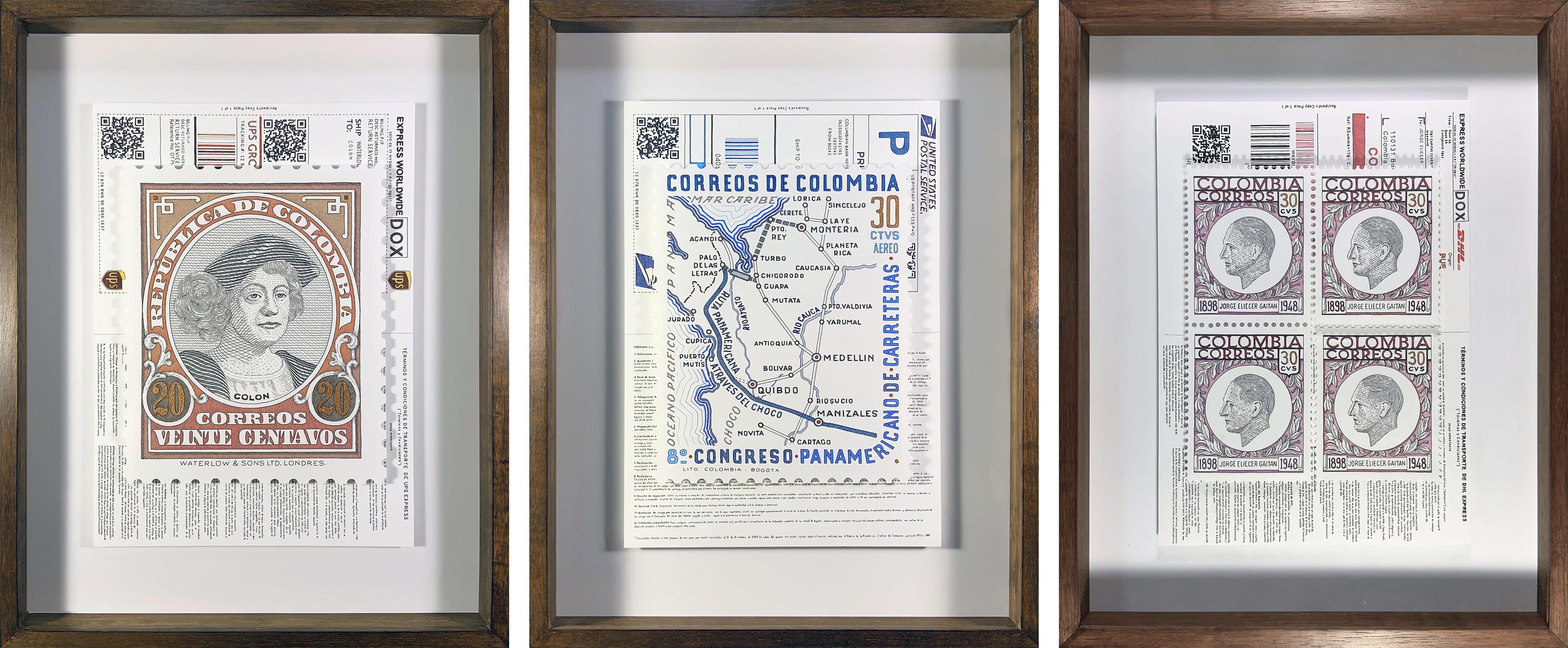 Set of 3 Stamps. Framed. From The Series Terms and Conditions - Art by Rodrigo Spinel 