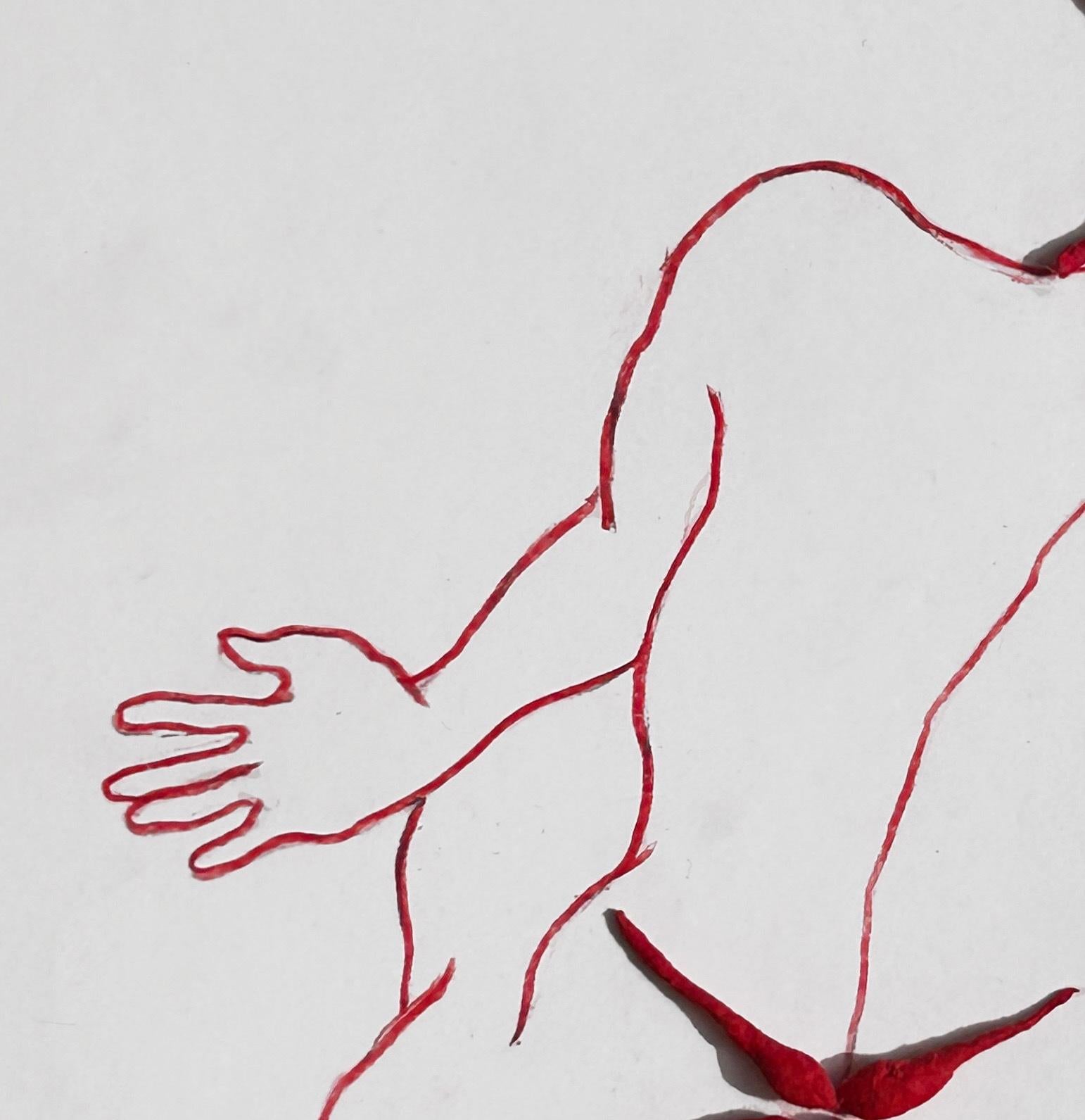 La serie roja son dibujos bermellón con mechas de algodón/diya baati utilizadas en la oración, fruto de la larga preocupación de la artista por el género, la religión y los rituales. La injerencia de la política y la religión en el cuerpo femenino
