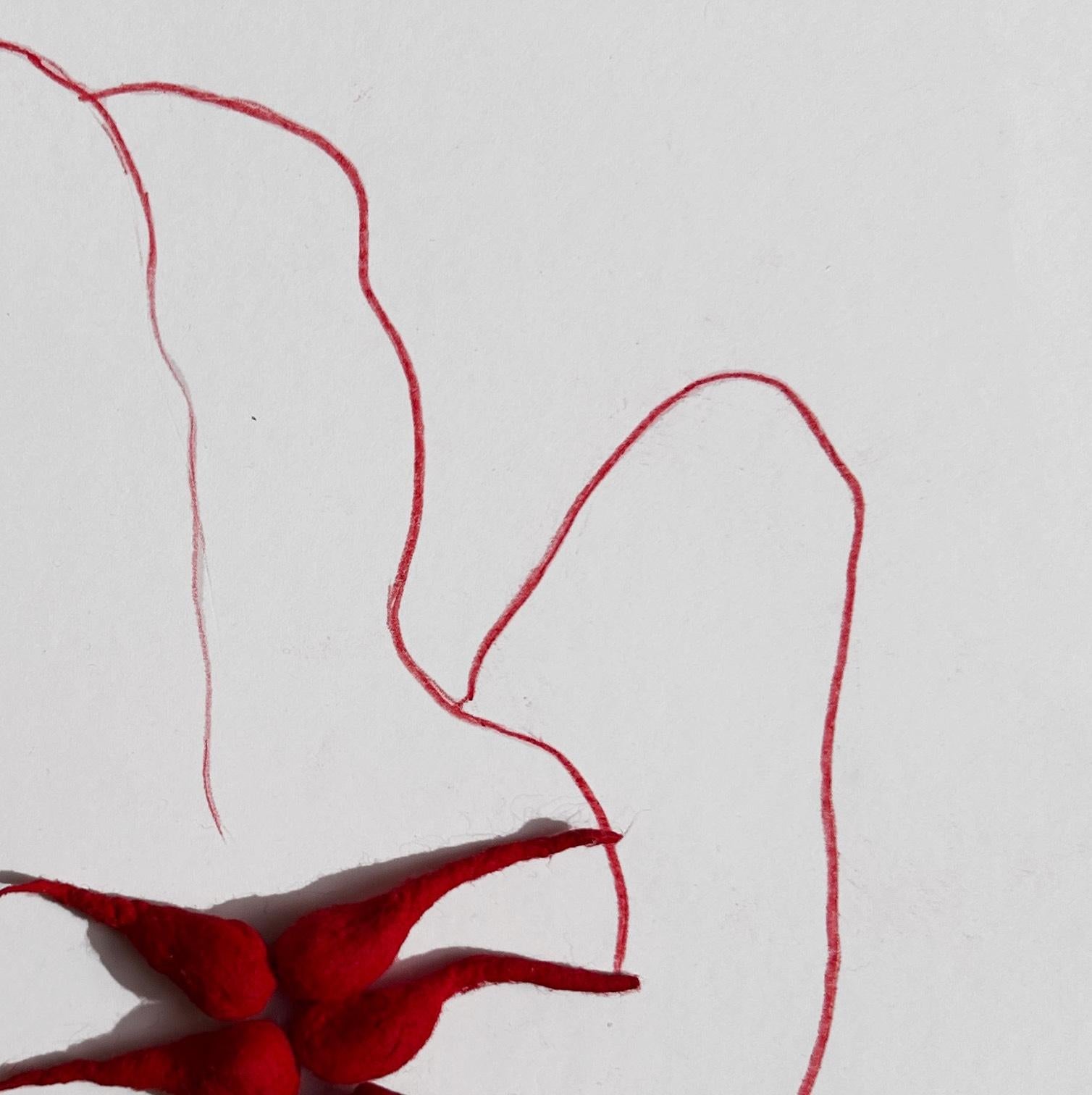 La serie roja son dibujos bermellón con mechas de algodón/diya baati utilizadas en la oración, fruto de la larga preocupación de la artista por el género, la religión y los rituales. La injerencia de la política y la religión en el cuerpo femenino