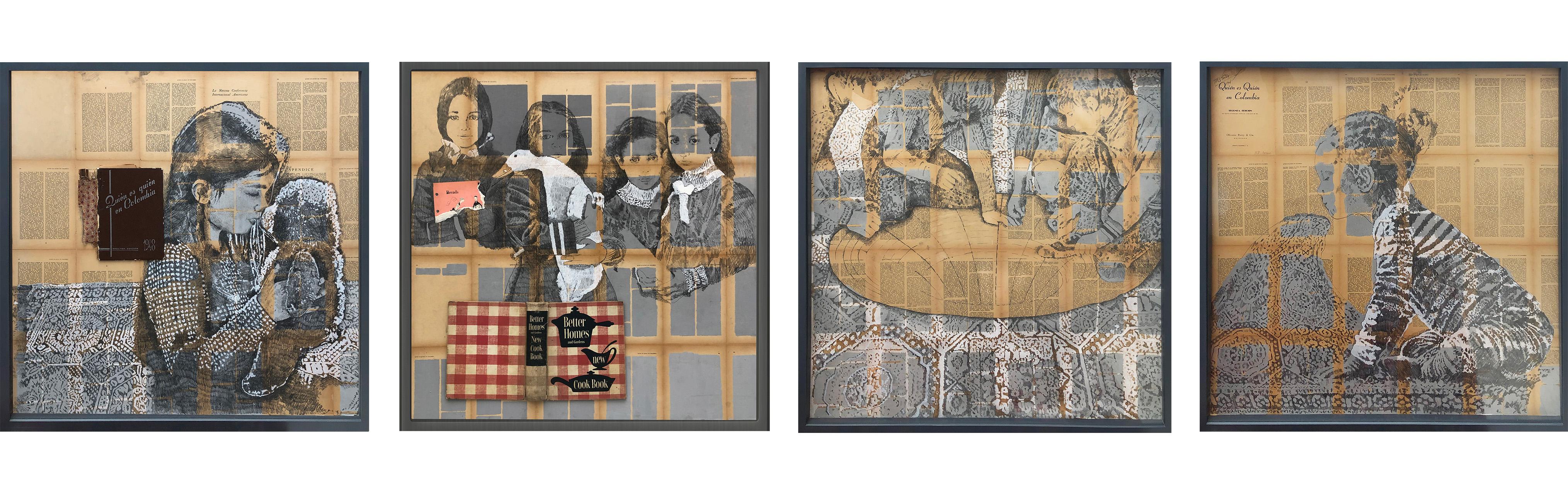 Conjunto de 4 obras de arte Técnica mixta sobre libro de papel