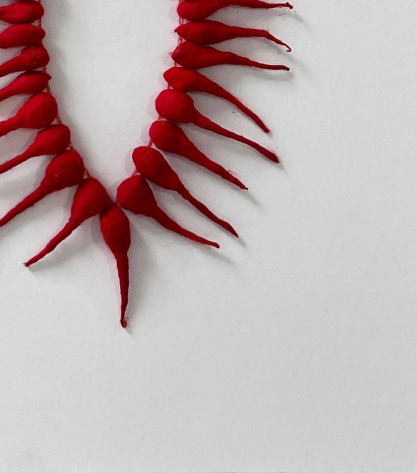 La série rouge est constituée de dessins vermillon avec des mèches de coton/diya baati utilisées dans la prière, fruit de la préoccupation de longue date de l'artiste pour le genre, la religion et les rituels. L'interférence de la politique et de la