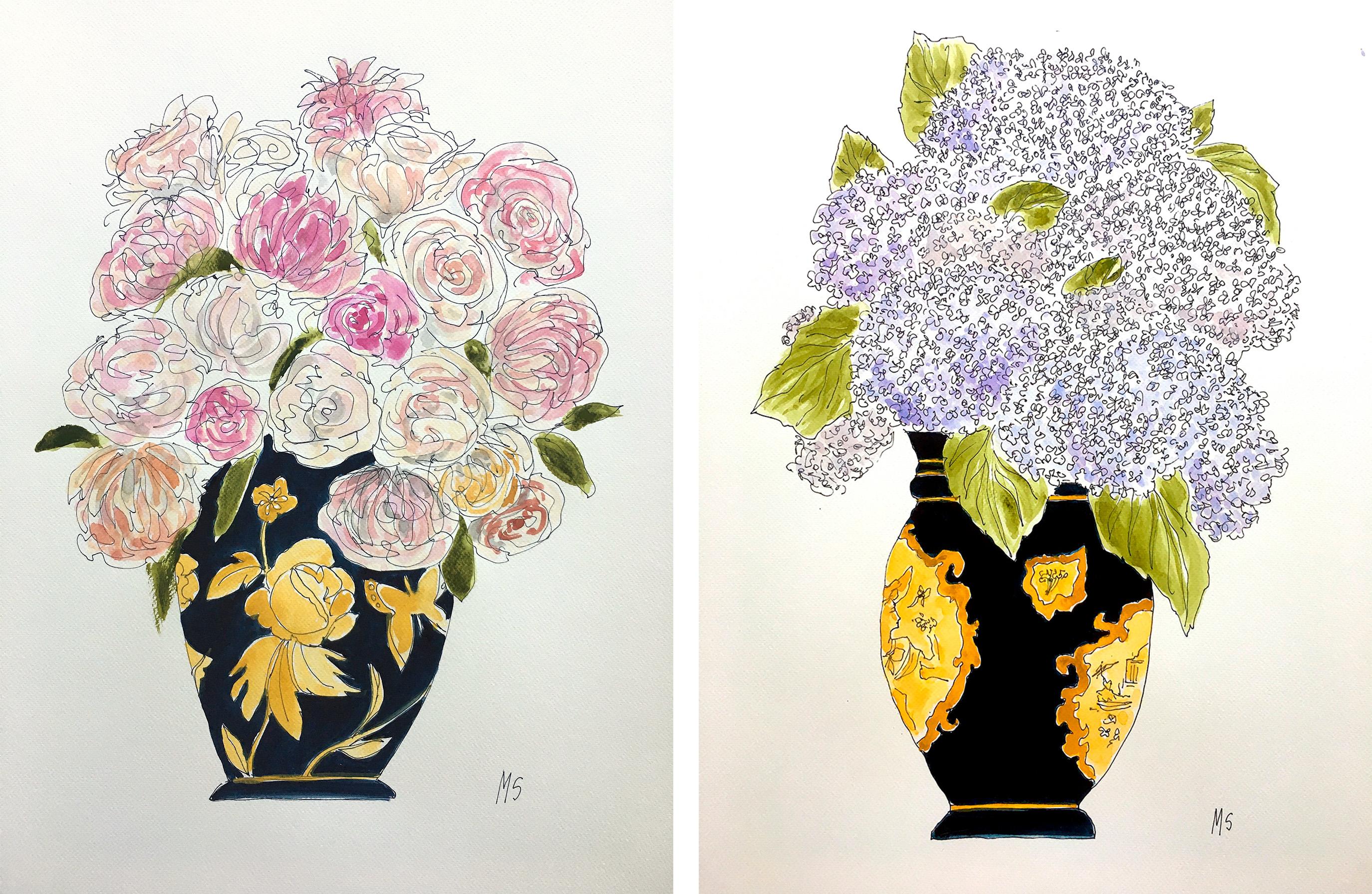 Orchids and Hydrangeas, Diptych. Watercolor on paper