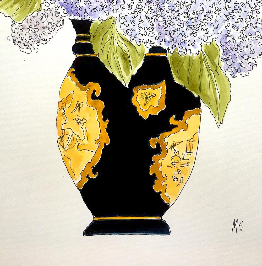 Orquídeas, Calas y Hortensias, Tríptico. Acuarela sobre papel en venta 2