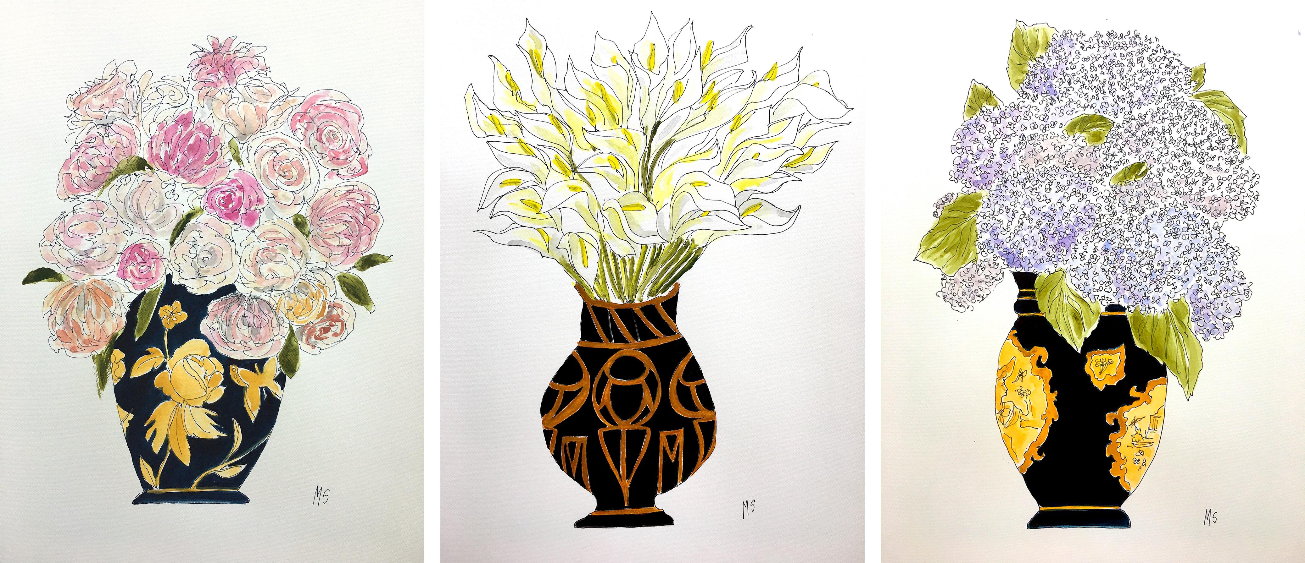 Orchids, Calla Lilly and Hydrangeas, Triptych. Watercolor on paper
