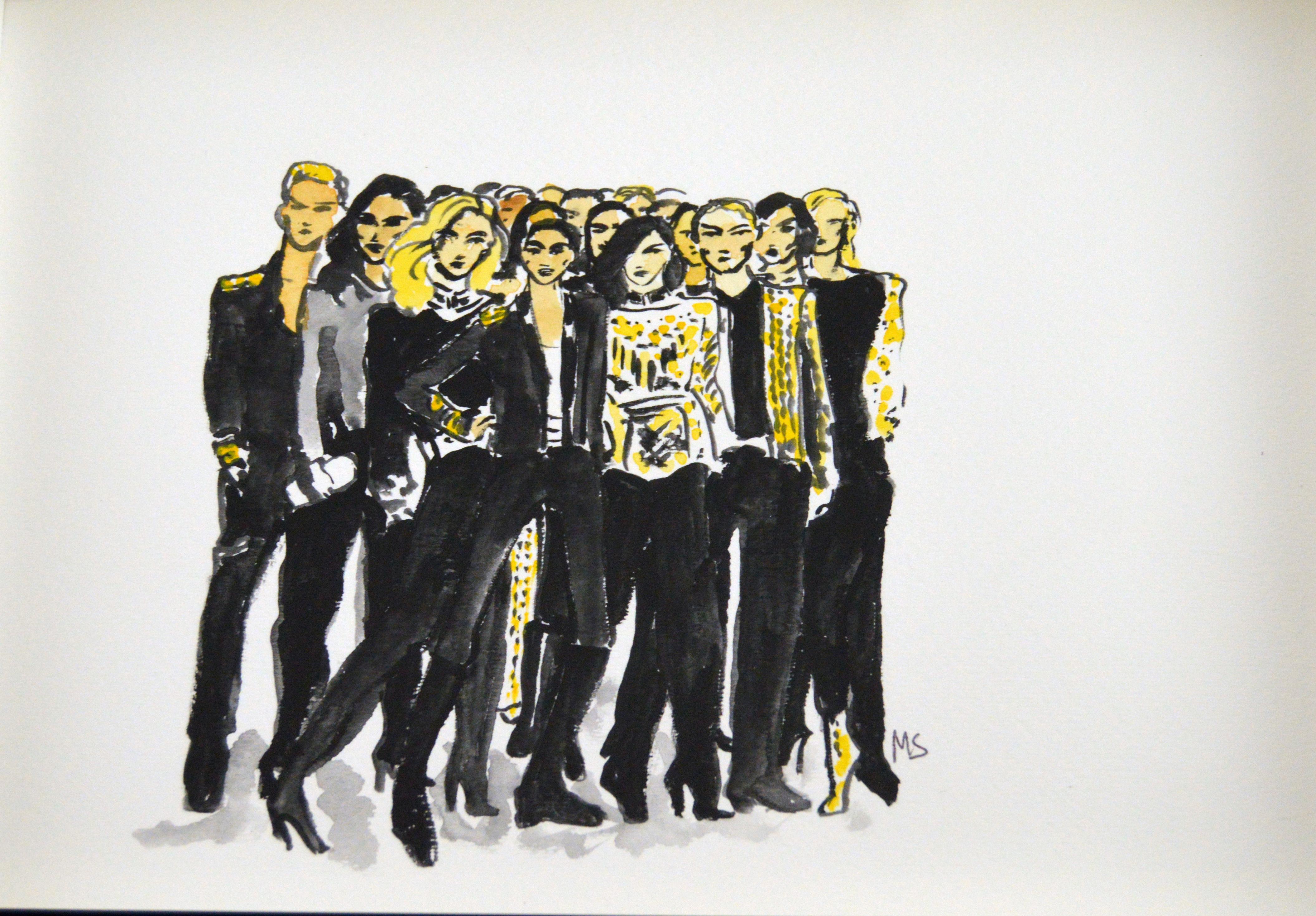 Prada pour l'automne et Olivier Rousteing et sa collection, Diptyque - Gris Figurative Art par Manuel Santelices