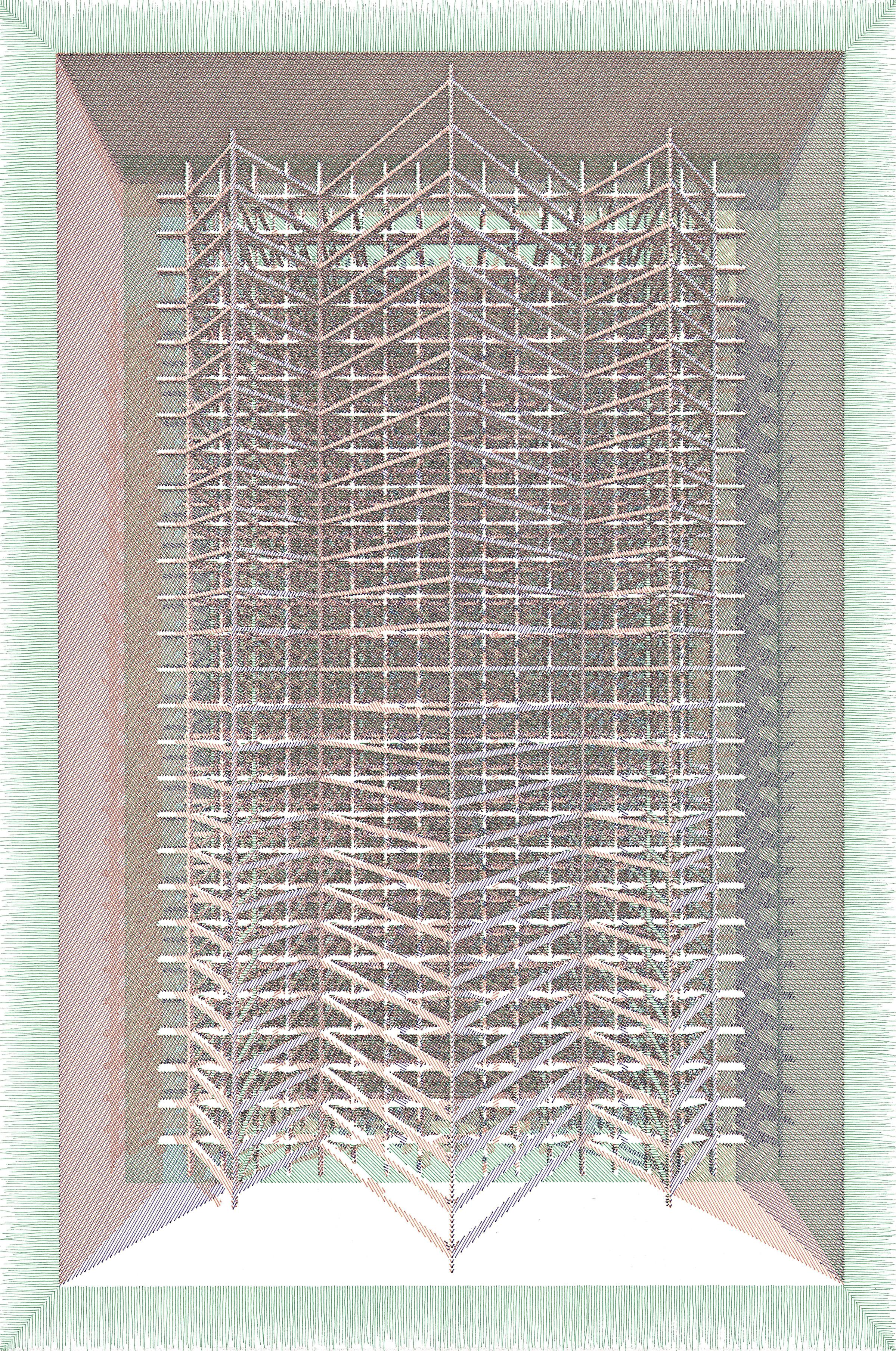 Fig. 8 BASE VERDE et NARANJA, Diptyque, 2025 de Rodrigo Spinel 
De la série The Dibujar el Tiempo
Encre de Chine sur papier Strathmore Bristol 350g
Dimensions globales du cadre : 58,4 H x 85,8 L x 3 P cm.
Taille totale de l'image : 46 H x 61 L