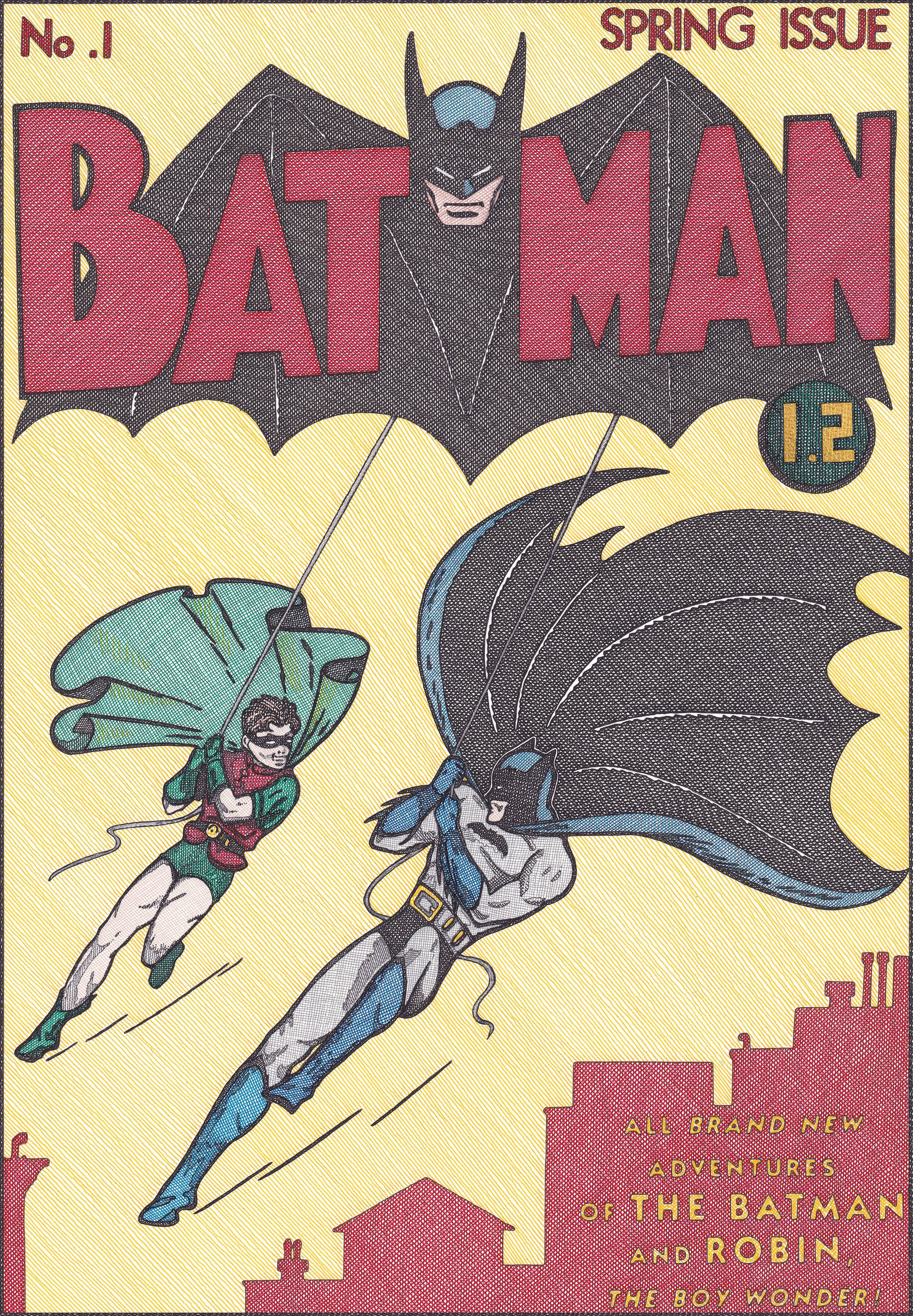 1,0 M (DETECTIVE COMICS) und 1,2M BAT MAN, Diptychon, 2023  von Rodrigo Spinel 
Aus der Serie Währung
Chinesische Tinte auf Fabriano-Papier 250 g.
Gesamtgröße des Rahmens: 43 cm H x 68 cm B x 3 cm T
Gesamtgröße des Bildes: 30 cm H x 42 cm B