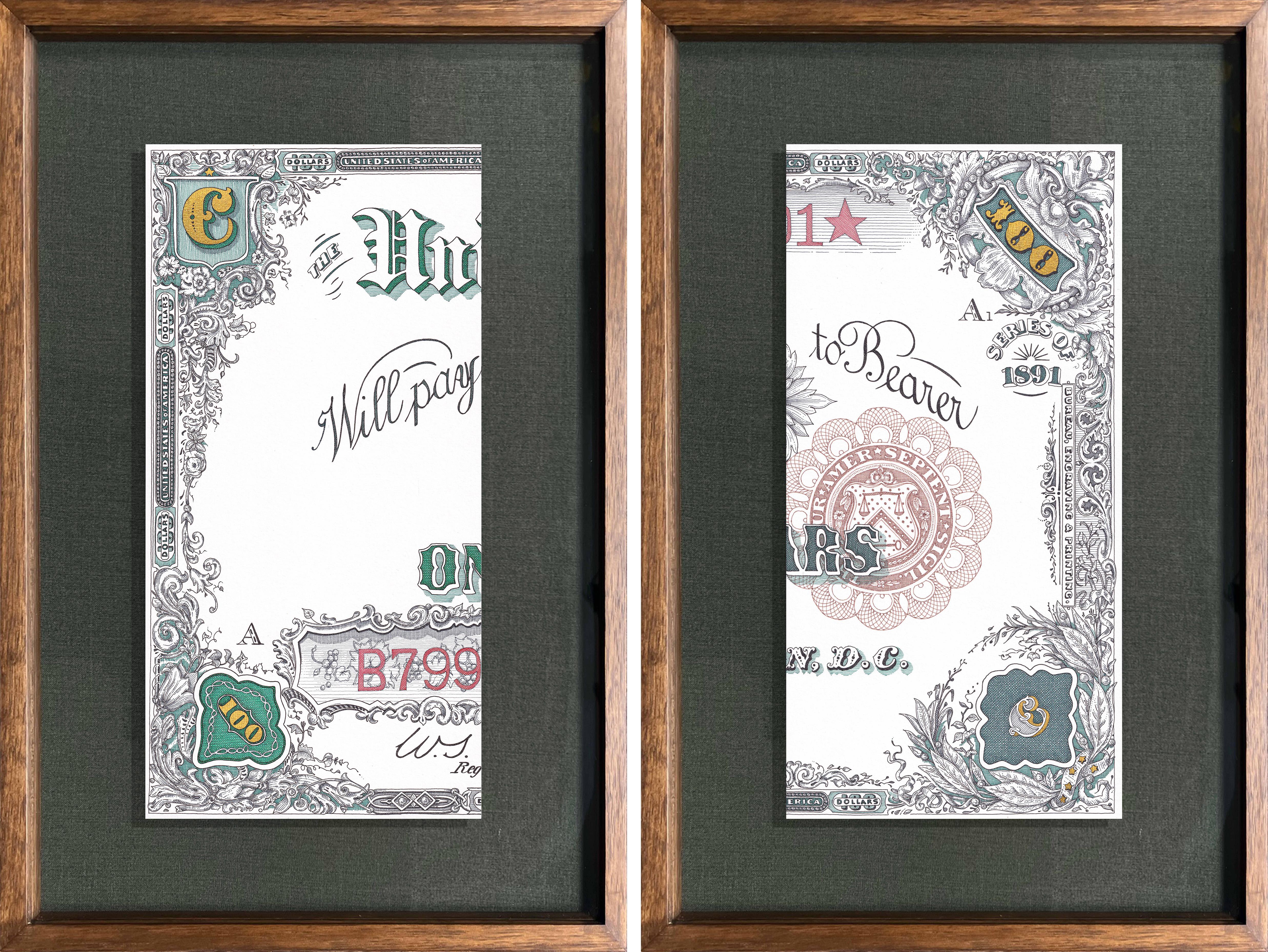 300K, 100 OBVERSE LEFT AND RIGHT "WATERMELON NOTE". Diptych. Drawing on paper