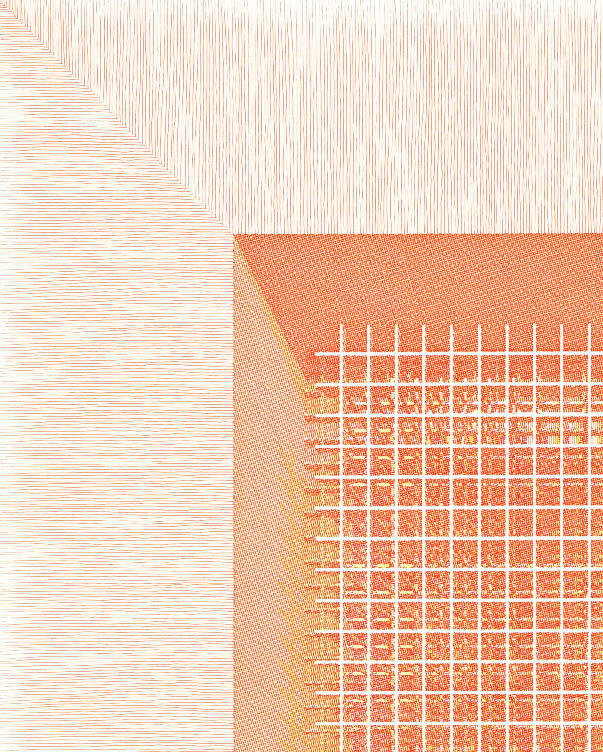 Fig. 9 BASE NARANJA, 2025 by Rodrigo Spinel 
From The Dibujar el Tiempo Series
Indian ink on 350g Strathmore Bristol paper
Frame size: 73.4 H x 58.1 W x 3 D cm.
Image size: 61 H x 45.7 W cm.
Tinted popped wood frame
Unique piece

The project is a