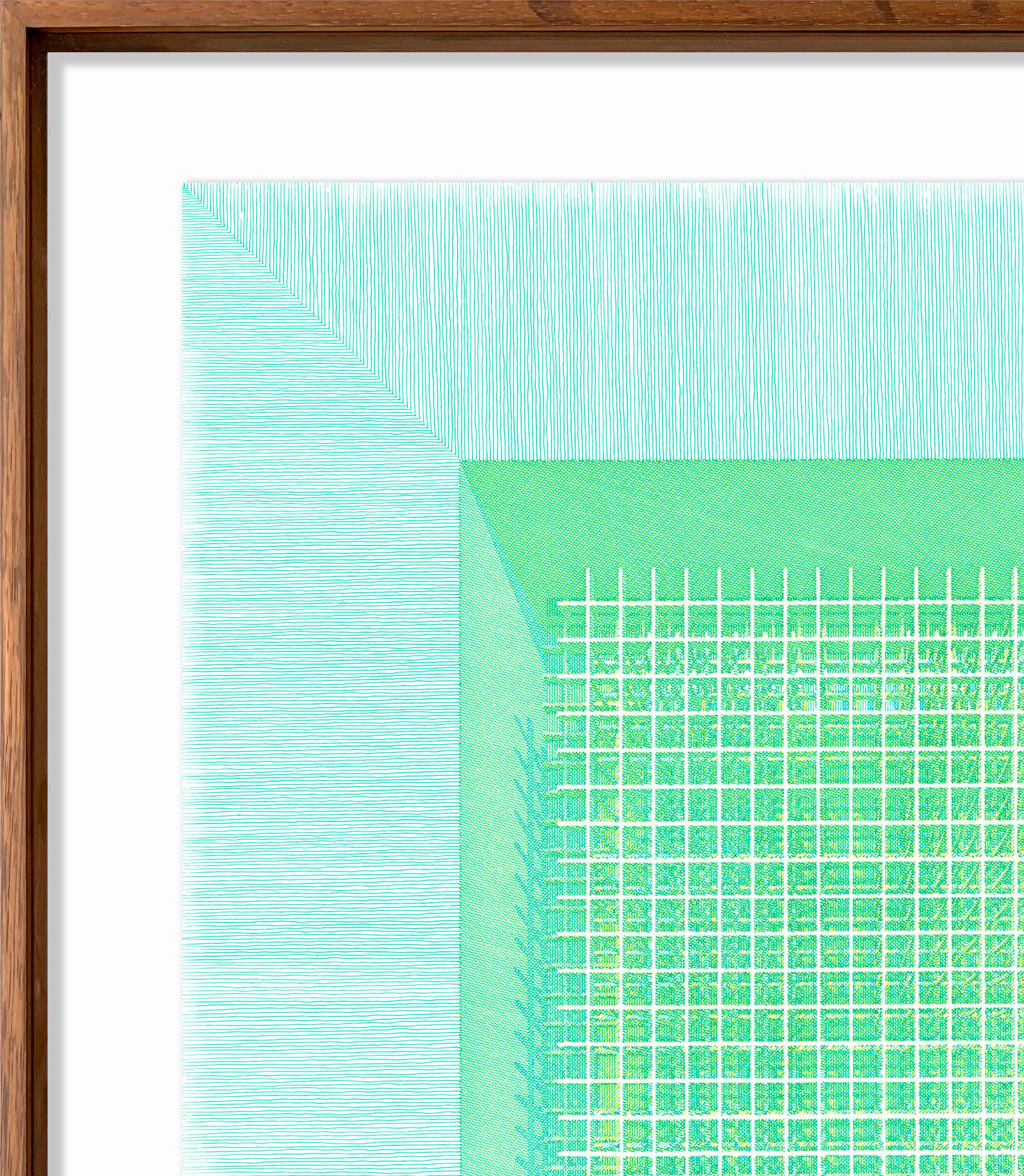 Fig. 9 BASE VERDE, 2025 by Rodrigo Spinel 
From The Dibujar el Tiempo Series
Indian ink on 350g Strathmore Bristol paper
Frame size: 73.4 H x 58.1 W x 3 D cm.
Image size: 61 H x 45.7 W cm.
Ivory brown wood
Unique piece

The project is a series of