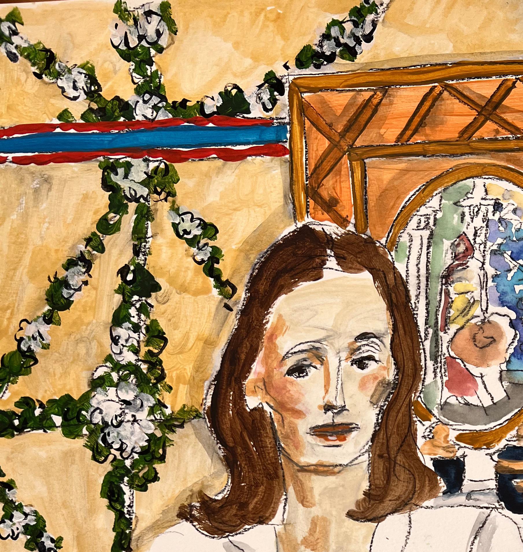 Lee Radziwill con le Peonie Rosa. Dalla serie Arte, Cultura e Società - Painting di Manuel Santelices