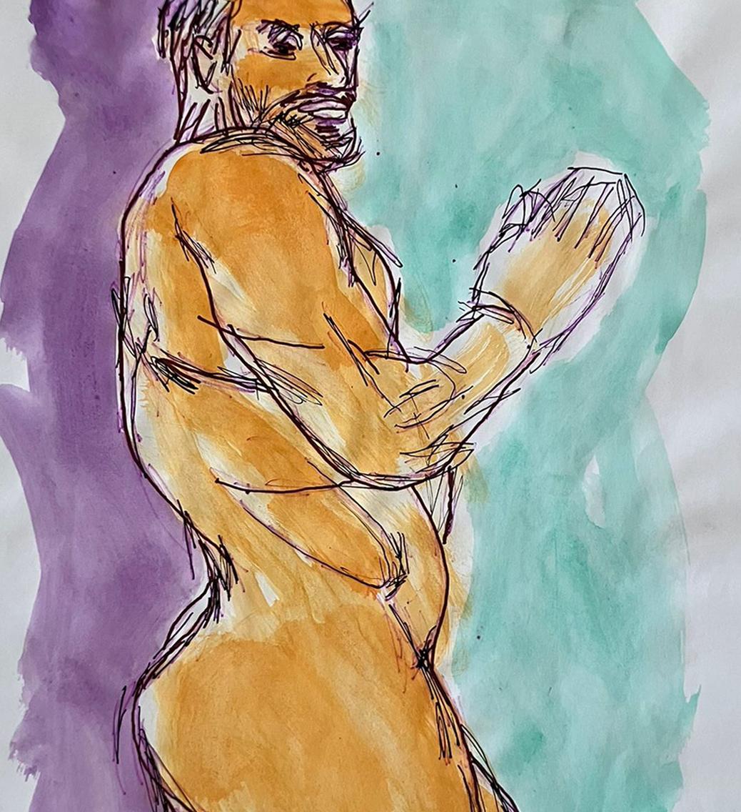 Set of 3 Watercolors & Ink on archival paper. From the Duchándome Nude, Series - Gray Figurative Art by Celso José Castro Daza