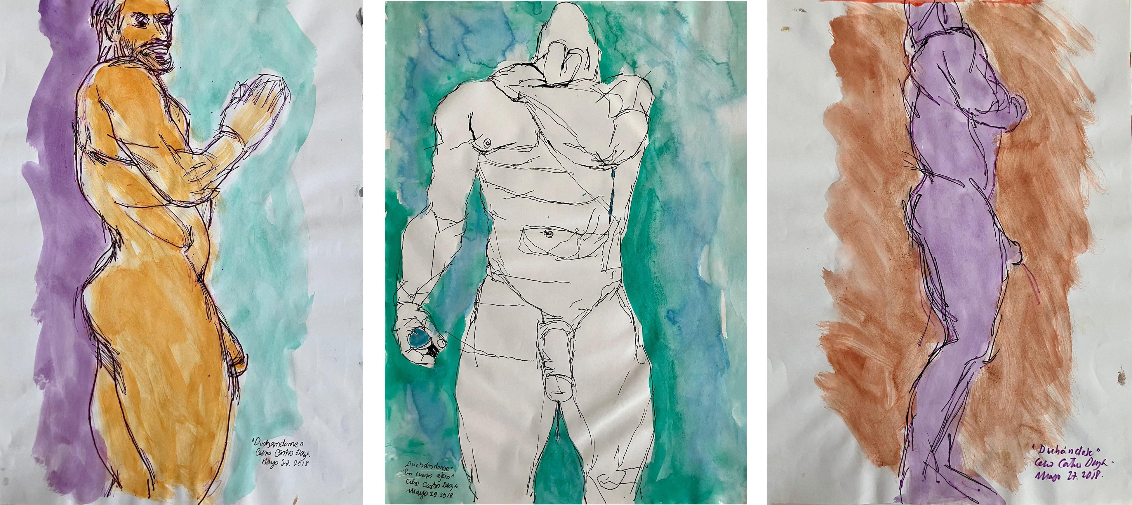 Celso José Castro Daza Figurative Art - Set of 3 Watercolors & Ink on archival paper. From the Duchándome Nude, Series