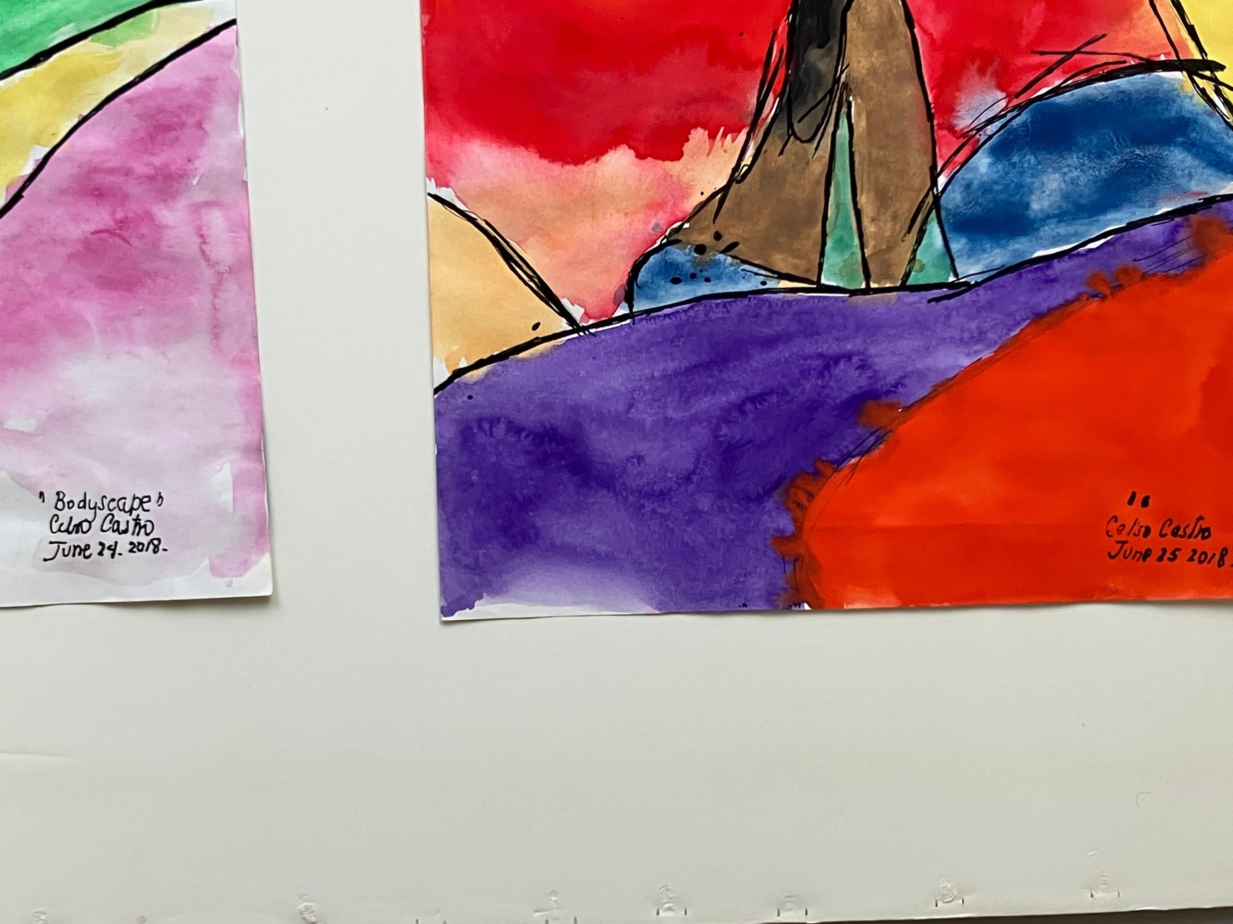 Bodyscape, June 24th and 25th Diptych. Watercolor and ink on archival paper - Figurative Art Beige di Celso José Castro Daza