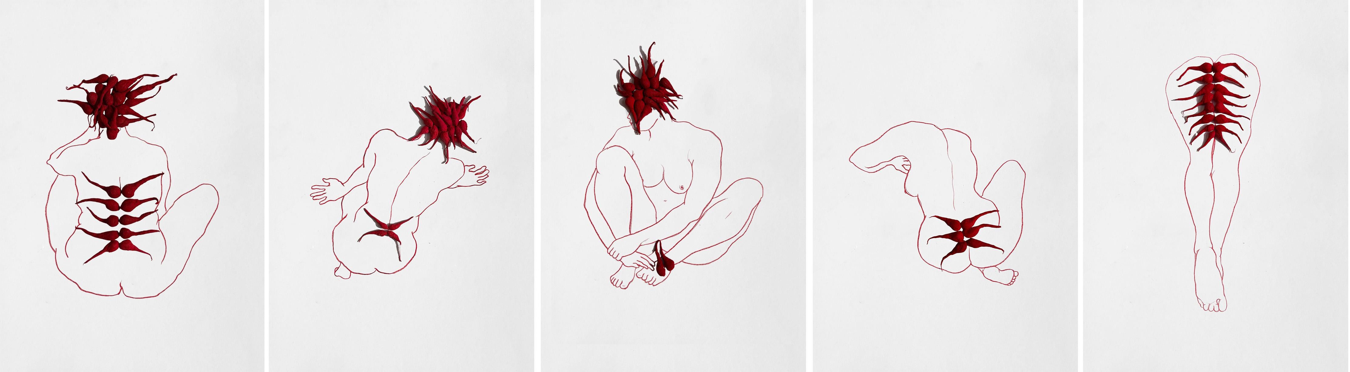 Set of 5 artworks. From The Red Series