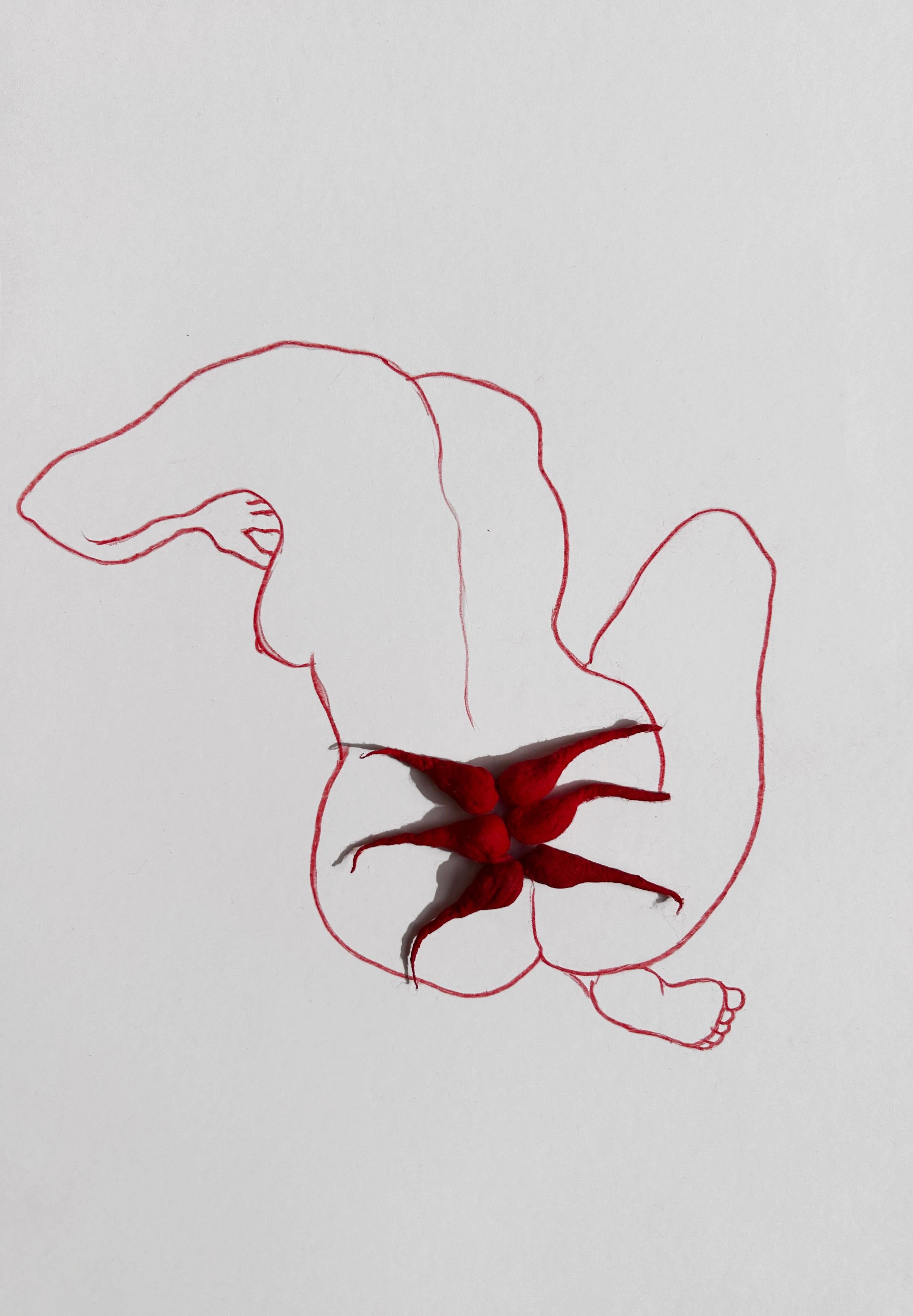 The red series are vermilion drawings with cotton/diya baati wicks used in prayer, the fruit of the artist's longstanding preoccupation with gender, religion and rituals. The interference of politics and religion with the female body as a site of