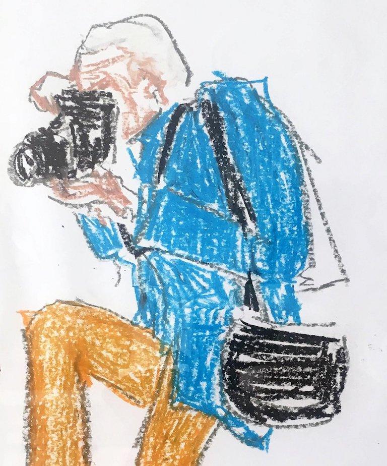 Photographer Bill Cunningham, Oil Pastel on Archival Paper, 2017 - Gray Portrait Painting by Manuel Santelices