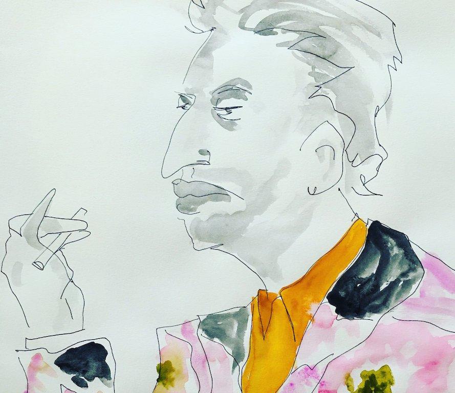 Serge Gainsbourg in Dries van Noten Watercolor Portrait - Gray Figurative Art by Manuel Santelices