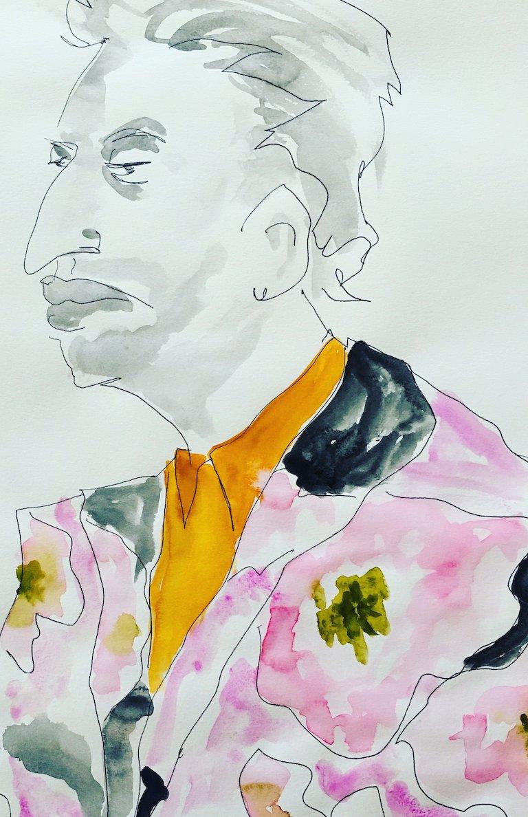 Serge Gainsbourg in Dries van Noten Watercolor Portrait - Contemporary Art by Manuel Santelices