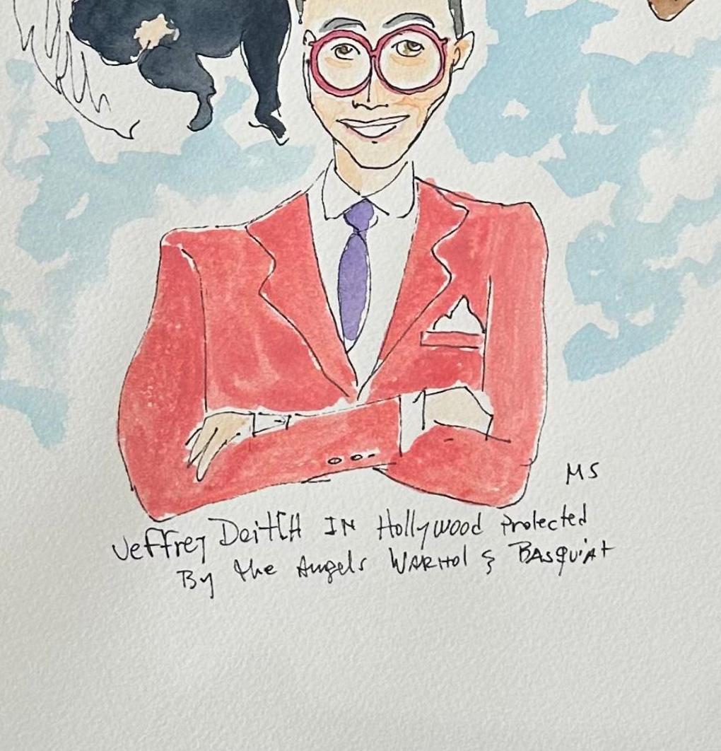 Le marchand d'art Jeffrey Deitch Protected by His Angels Warhol and Basquiat - Beige Figurative Art par Manuel Santelices