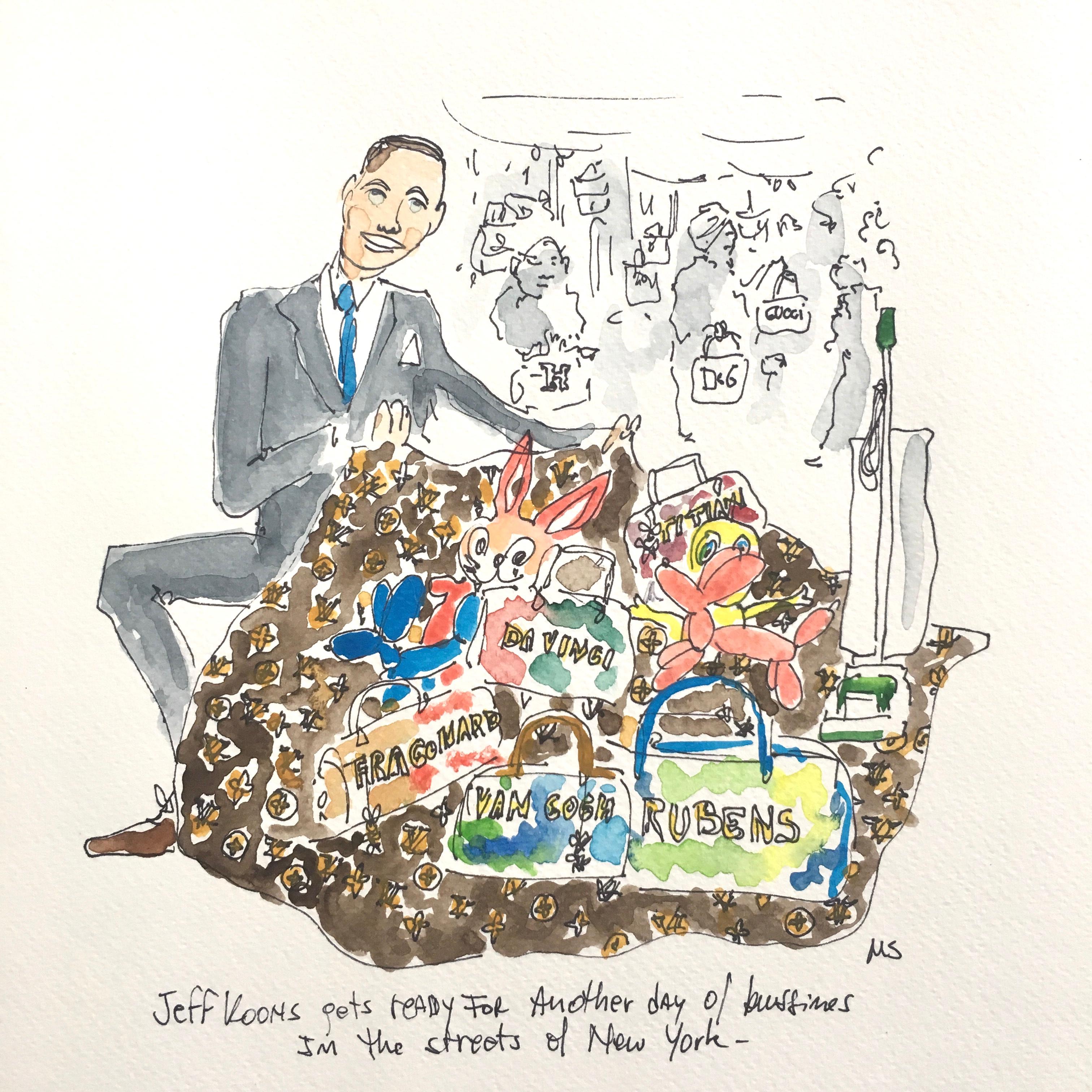Jeff Koons Doing Business in NY - One of a kind watercolor - Art by Manuel Santelices
