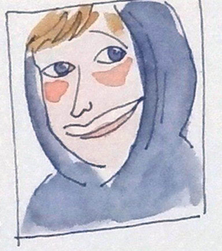 Artist Cindy Sherman discovers Instagram - Watercolor on paper - Gray Figurative Art by Manuel Santelices
