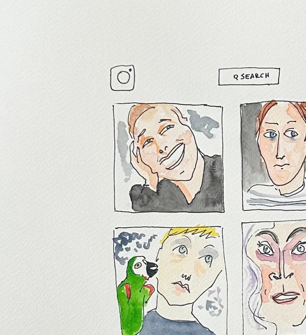 L'artista Cindy Sherman scopre Instagram - Acquerello su carta - Art di Manuel Santelices