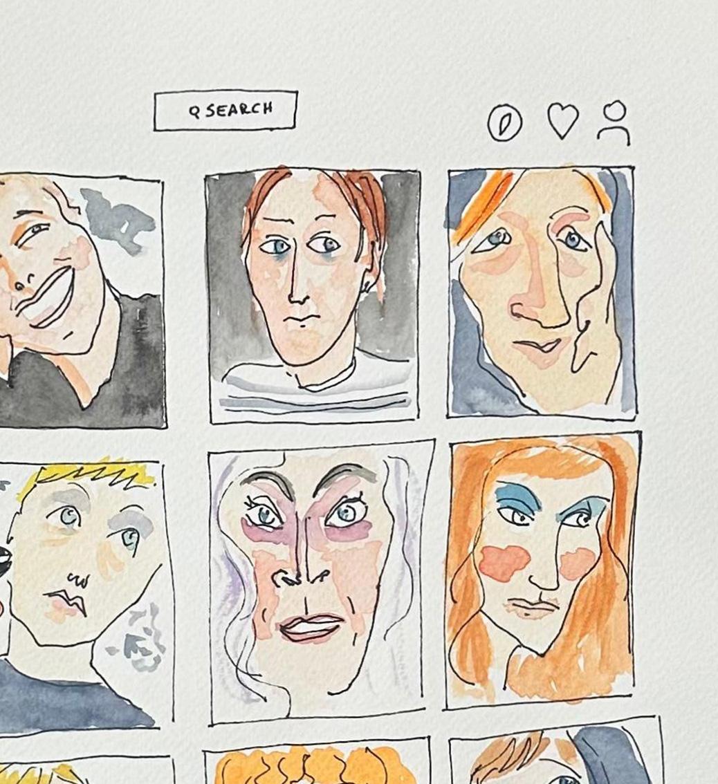 L'artista Cindy Sherman scopre Instagram - Acquerello su carta - Art Pop Art di Manuel Santelices