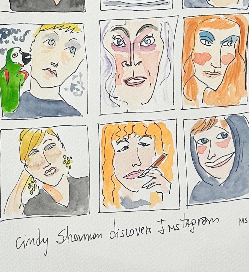 L'artista Cindy Sherman scopre Instagram - Acquerello su carta - Figurative Art Grigio di Manuel Santelices