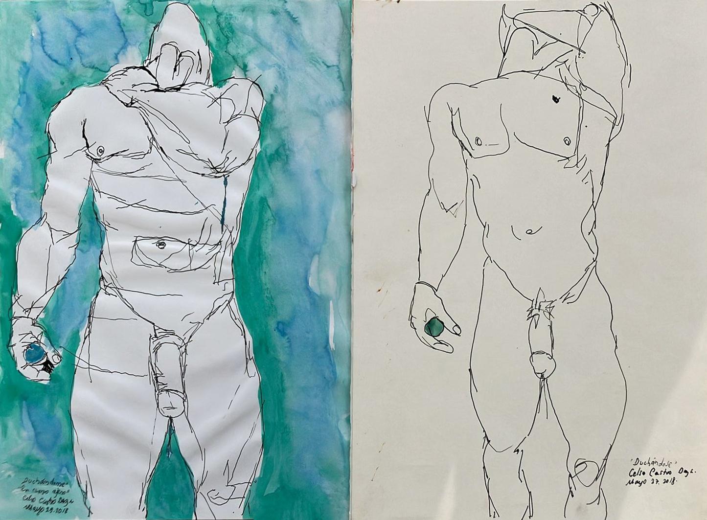 Celso José Castro Daza Nude - "Duchándome" and "Duchándome, En Cuerpo Ajeno", Watercolor Diptych, 2018