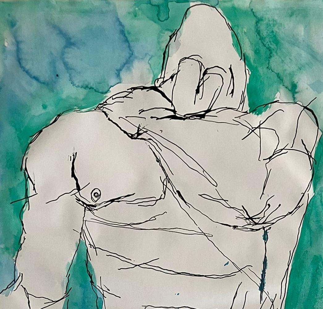Duchándome und Duchándome, En Cuerpo Ajeno, Aquarelliertes Diptychon, 2018 (Grau), Nude, von Celso José Castro Daza