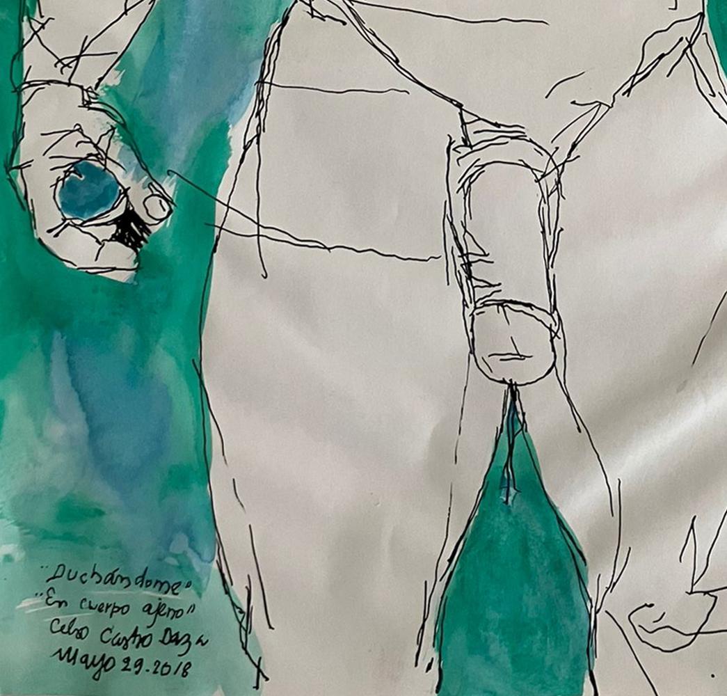 Duchándome und Duchándome, En Cuerpo Ajeno, 29. Mai 2018 von Celso Castro-Daza
Aus der Duchándome-Serie
Aquarell und Tinte auf einem Archivierungspapier 
Individuelle Größe: 19,5 Zoll. H x 13.75 in. W
Gesamtgröße: 19,5 Zoll. H x 27.5 in. W
Beide