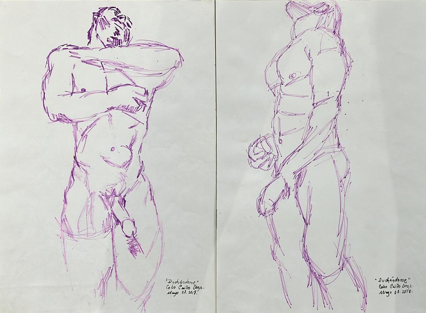 Celso José Castro Daza Nude - "Duchándome, May 28th", Watercolor Diptych, 2018
