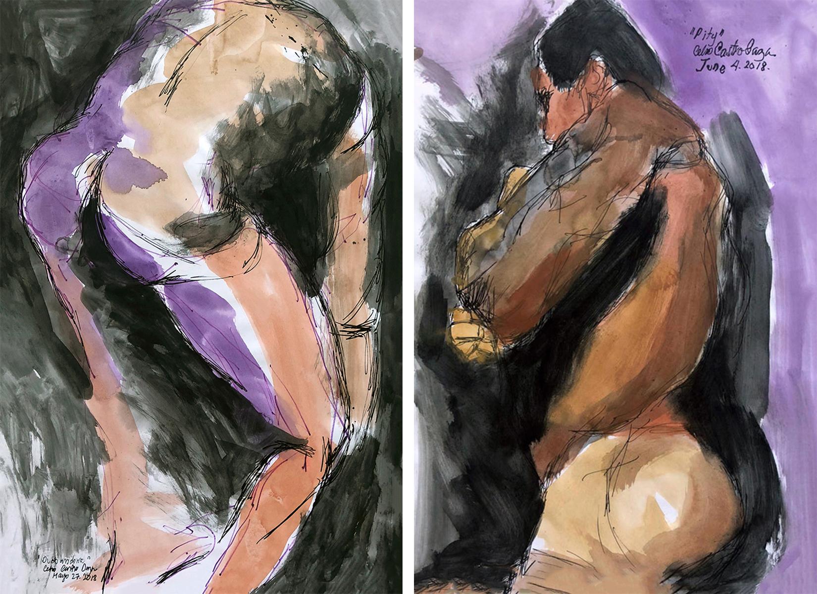 Celso José Castro Daza Figurative Art - Duchándome and Pity June 4th  Watercolor Nudes  on Paper 