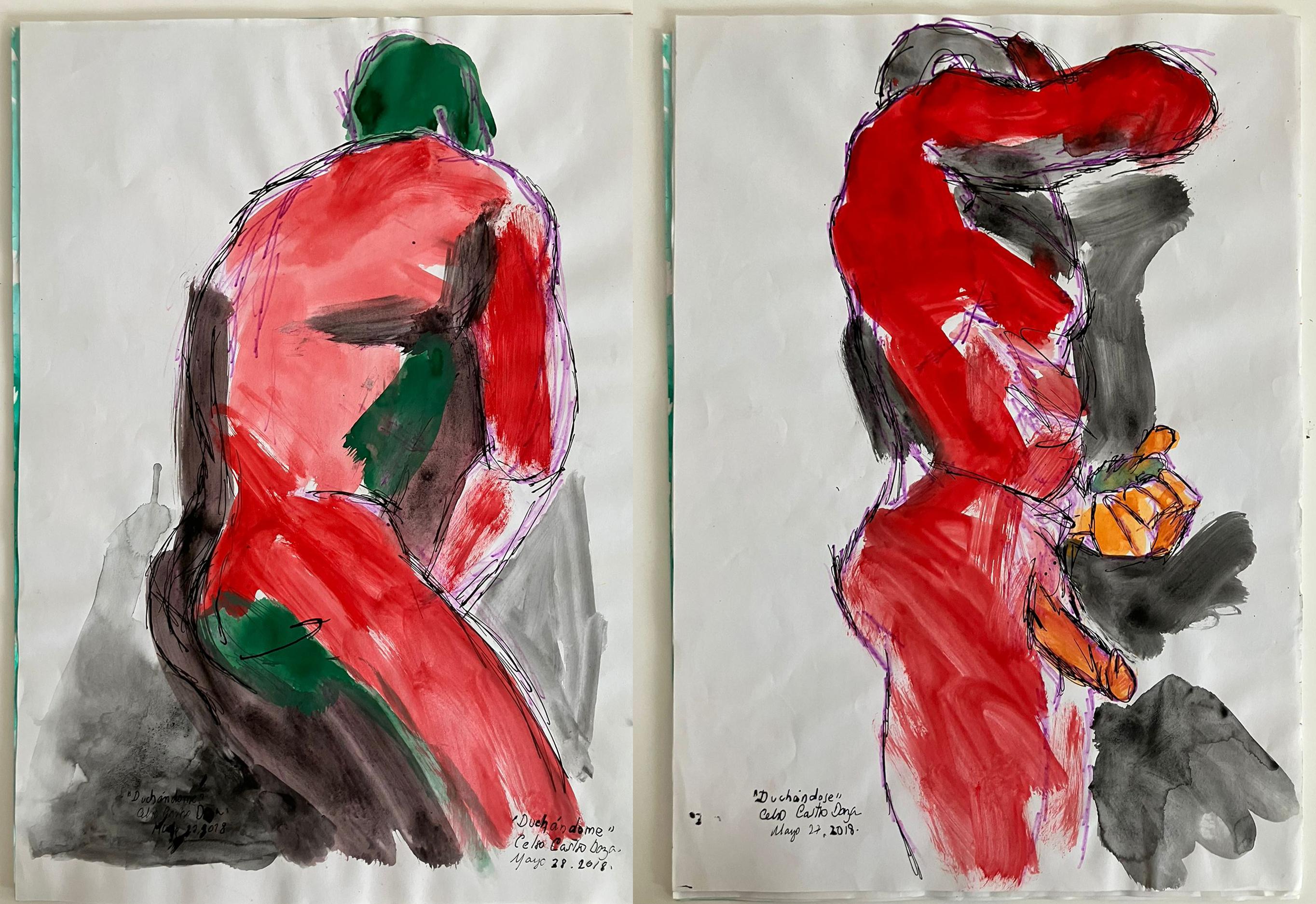 Celso José Castro Daza Figurative Art - "Duchándome, May 28th" and "Duchándose, May 27th", Watercolor Nudes