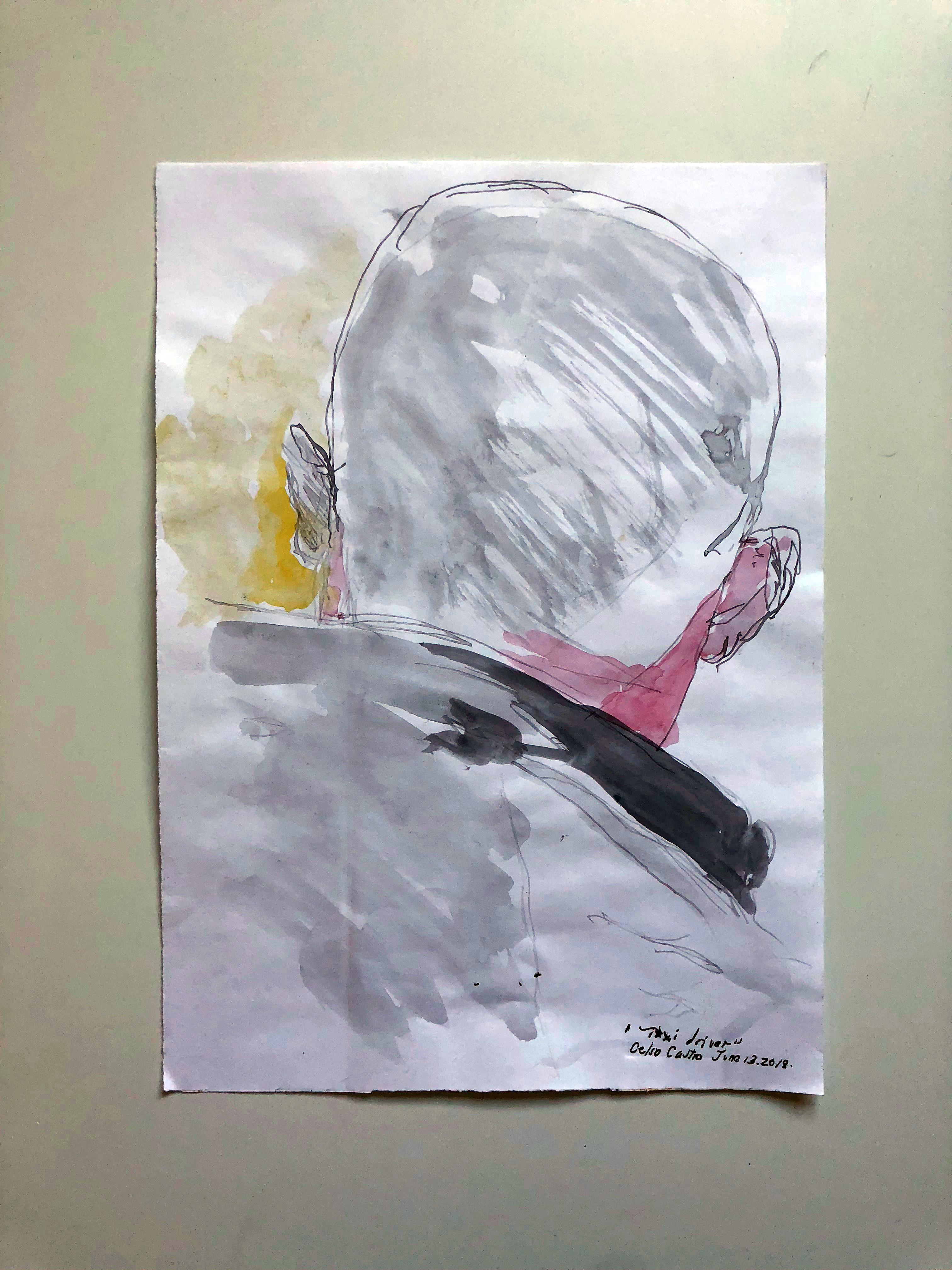 Celso José Castro Daza Figurative Art – „Taxi Driver, Juni 13“, Figuratives Aquarell und Tinte auf Archivpapier