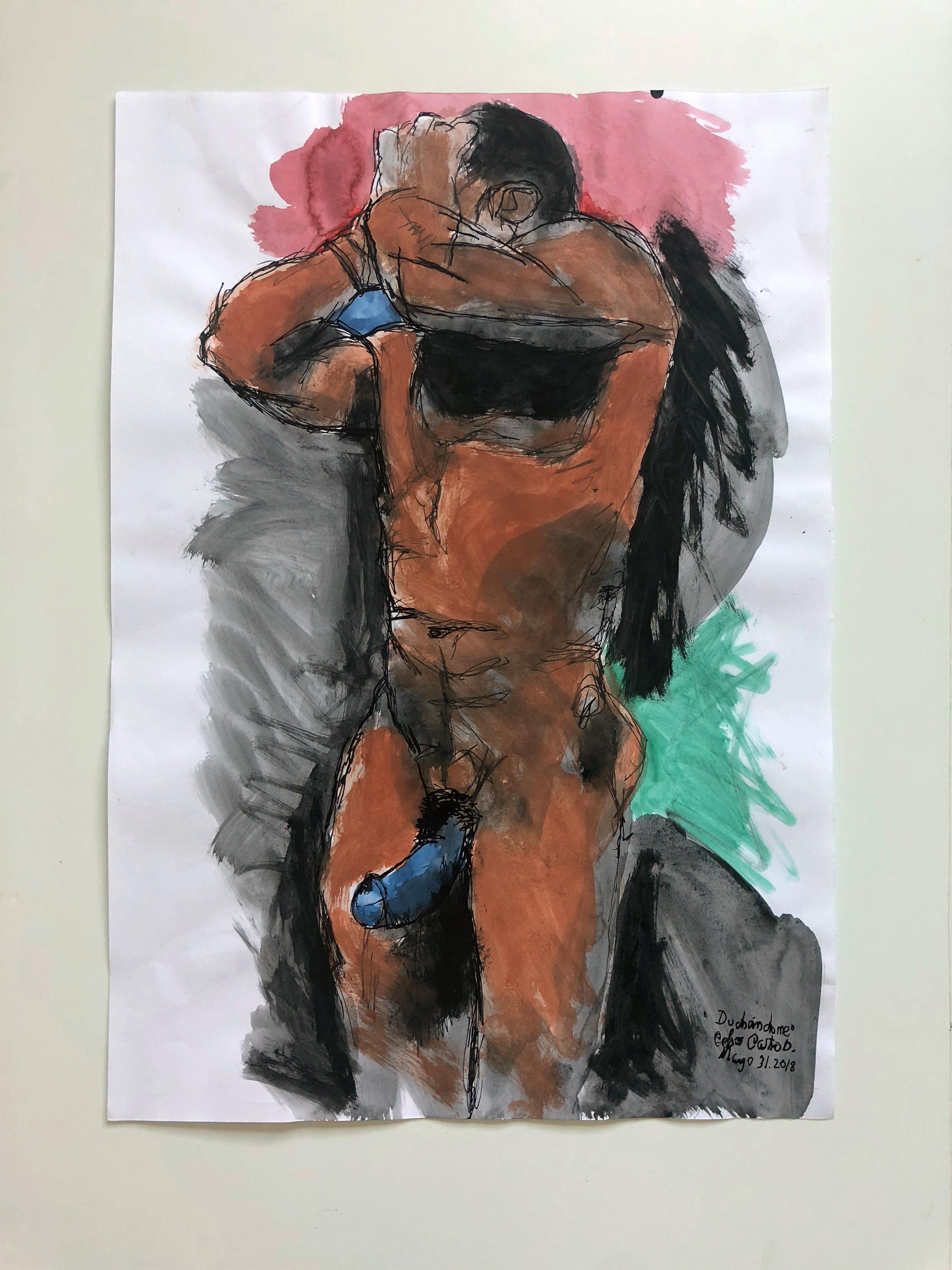 Celso José Castro Daza Nude - In the Shower, Watercolor, pastel and ink on a archival paper