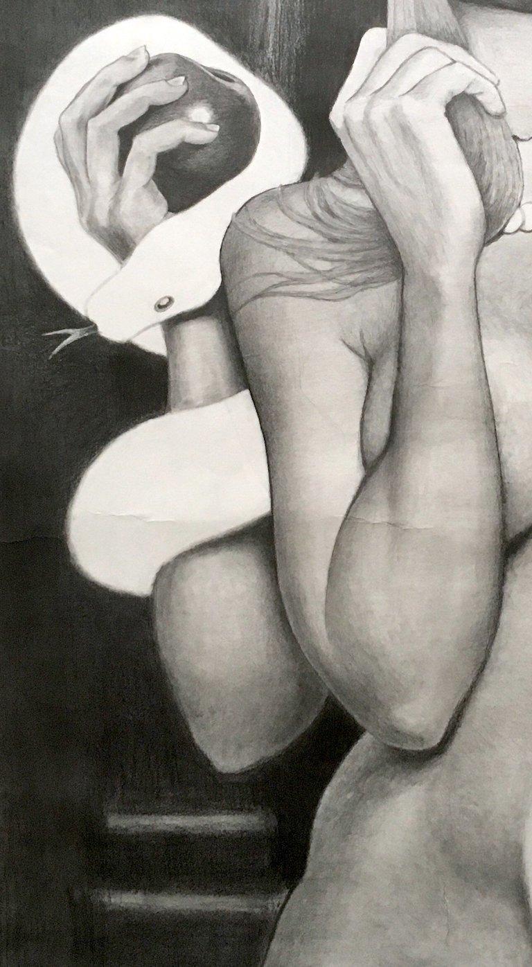 Nudo senza titolo. Disegno figurativo di nudo a matita e vernice dorata su carta. - Art di Juan C. Estrada