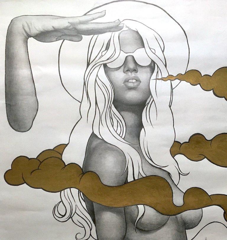 Akt ohne Titel.  Figurative Zeichnung auf Papier. Bleistift und Goldfarbe  – Art von Juan C. Estrada