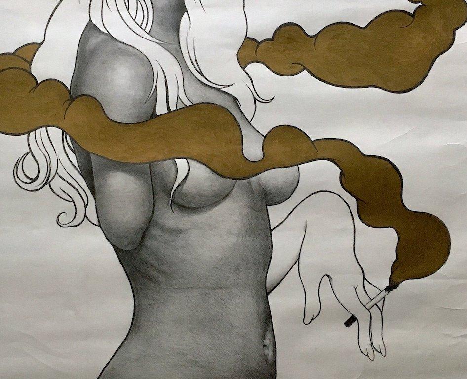 Akt ohne Titel.  Figurative Zeichnung auf Papier. Bleistift und Goldfarbe  (Surrealismus), Art, von Juan C. Estrada