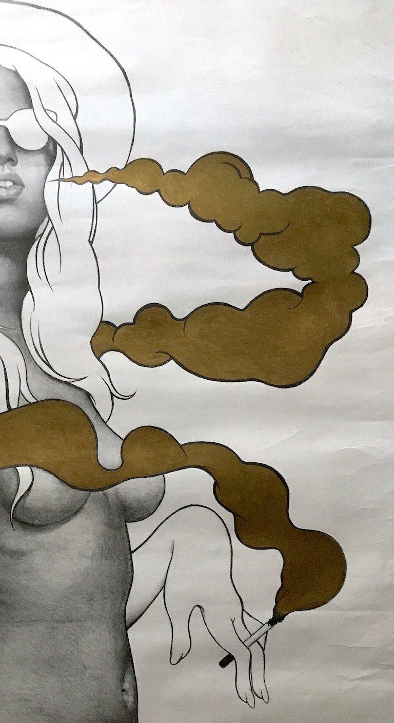 Untitled Nude.  Figurative drawing on paper. Pencil and gold paint  - Surrealist Art by Juan C. Estrada