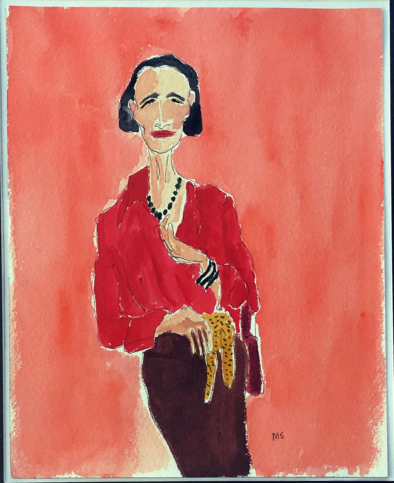Manuel Santelices Figurative Art - Diana Vreeland Portrait, one of a kind signed watercolor