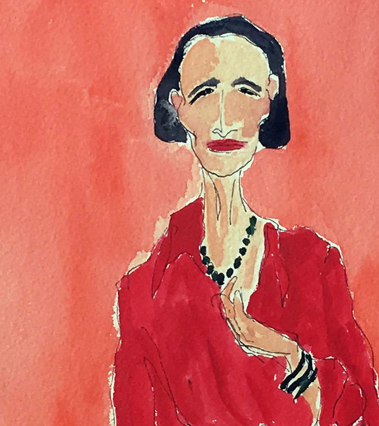 Diana Vreeland Portrait, one of a kind signed watercolor - Art by Manuel Santelices