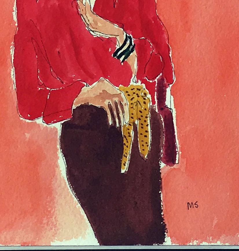 Diana Vreeland Portrait, one of a kind signed watercolor - Orange Figurative Art by Manuel Santelices