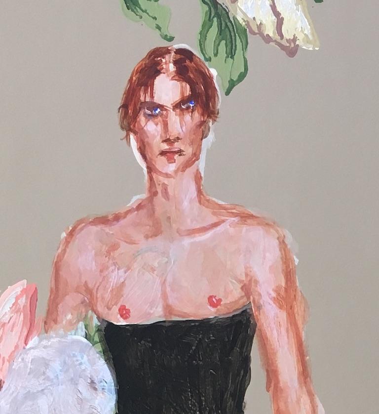 Fashion Model in  Martin Margiela, 2019, Acrylic on Vintage Wallpaper Painting For Sale 2
