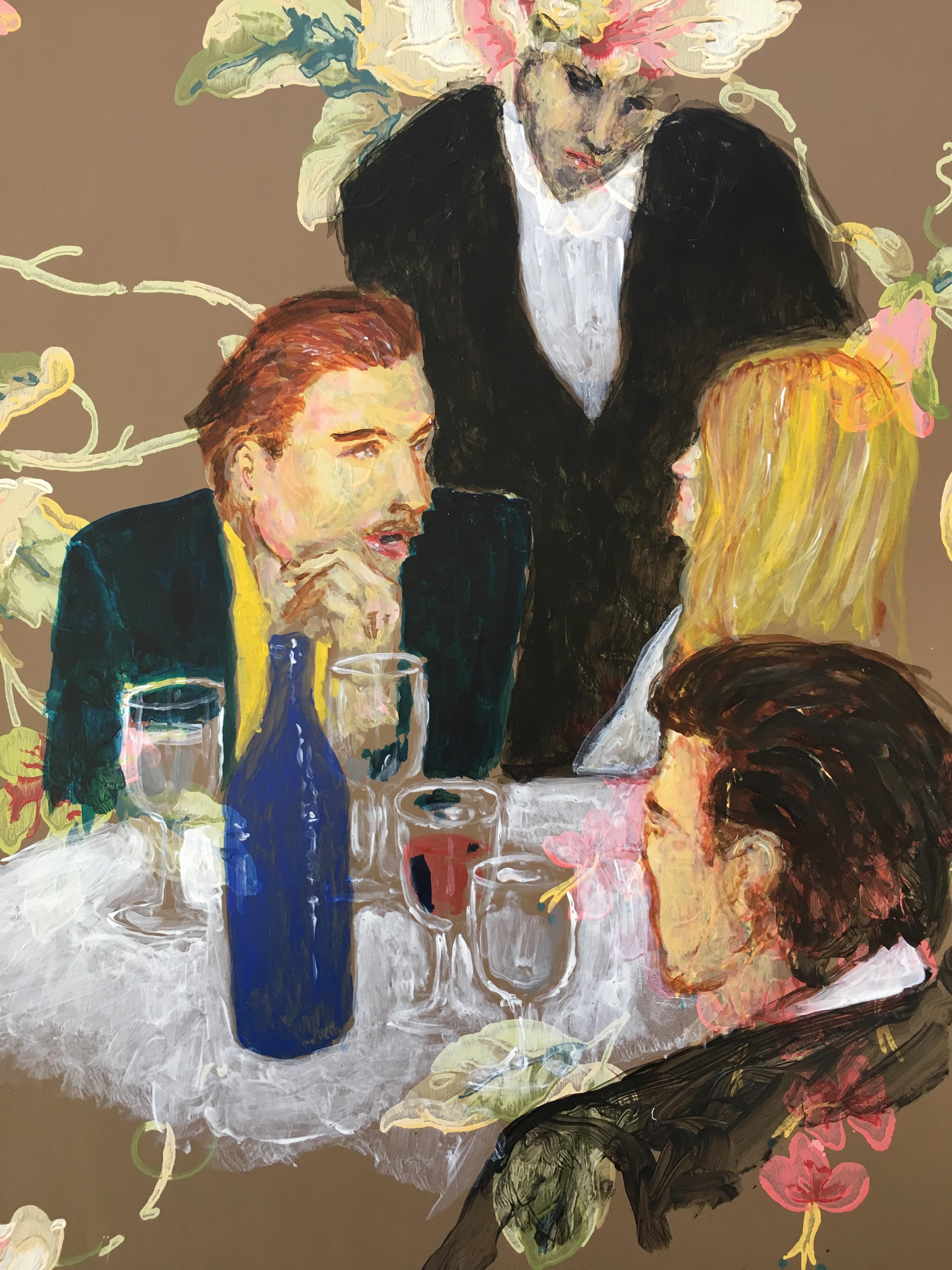 Manuel Santelices Figurative Painting - The Party, 2019, Acrylic in Vintage Wallpaper painting