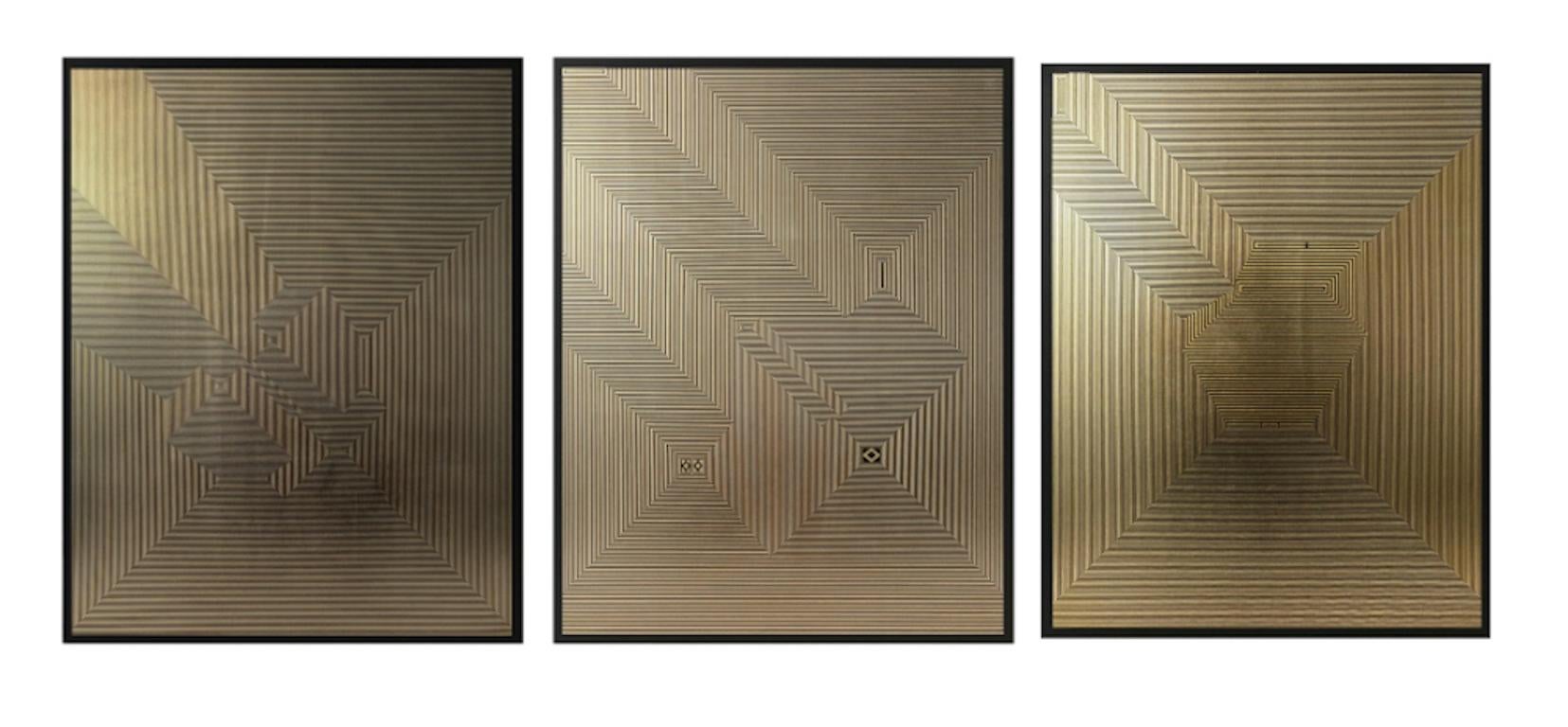 Untitled 5, Untitled 3 & Untitled 1 Triptych Gold Leaf on MDF - Mixed Media Art by Francisco Larios