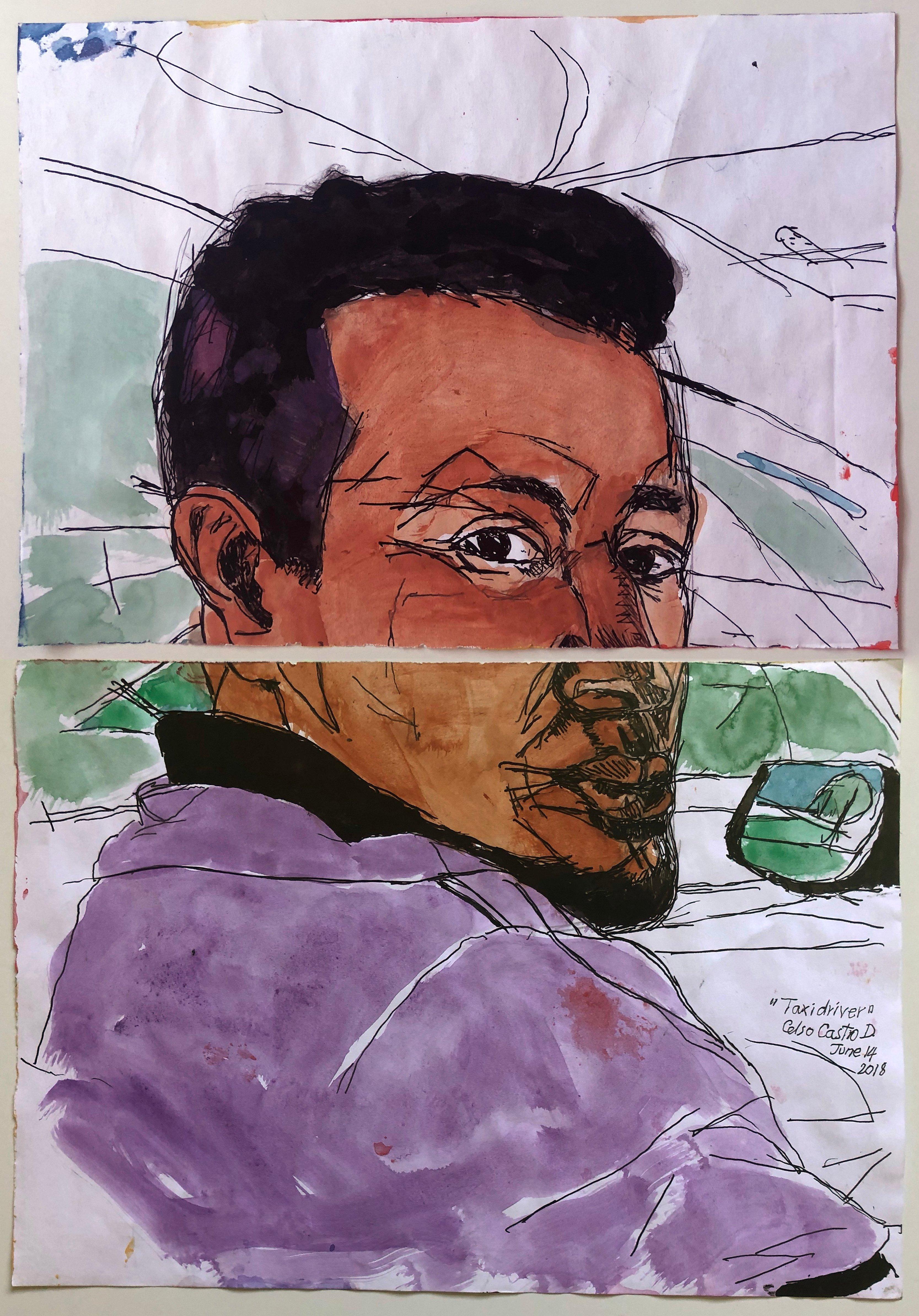 "Taxi Driver,  Portrait.June 14", (Diptych) Aquarelle et encre sur papier d'archives