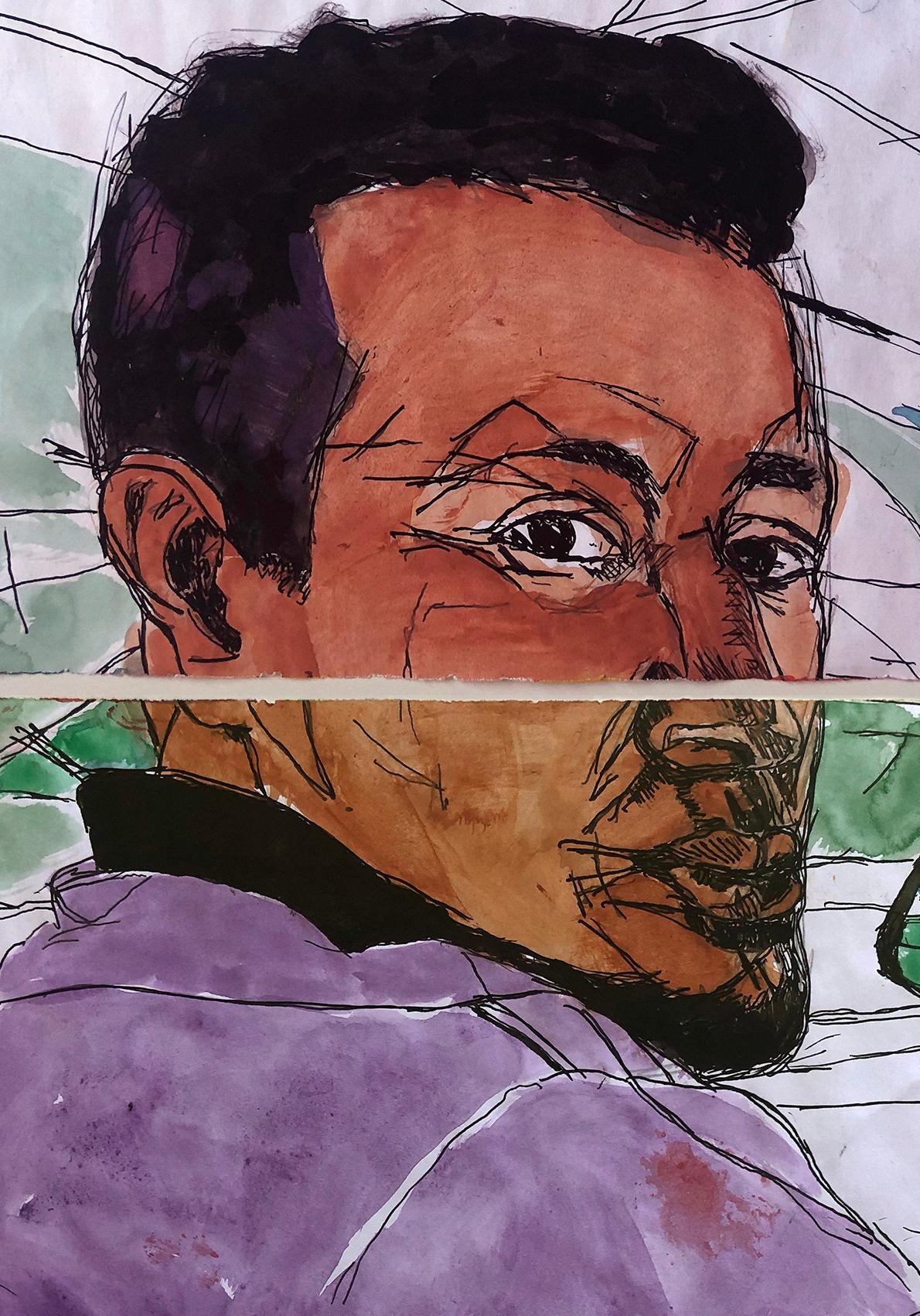 Taxi Driver, Juni 14, Diptychon. Aquarell und Tinte auf Archivpapier (Grau), Figurative Art, von Celso José Castro Daza